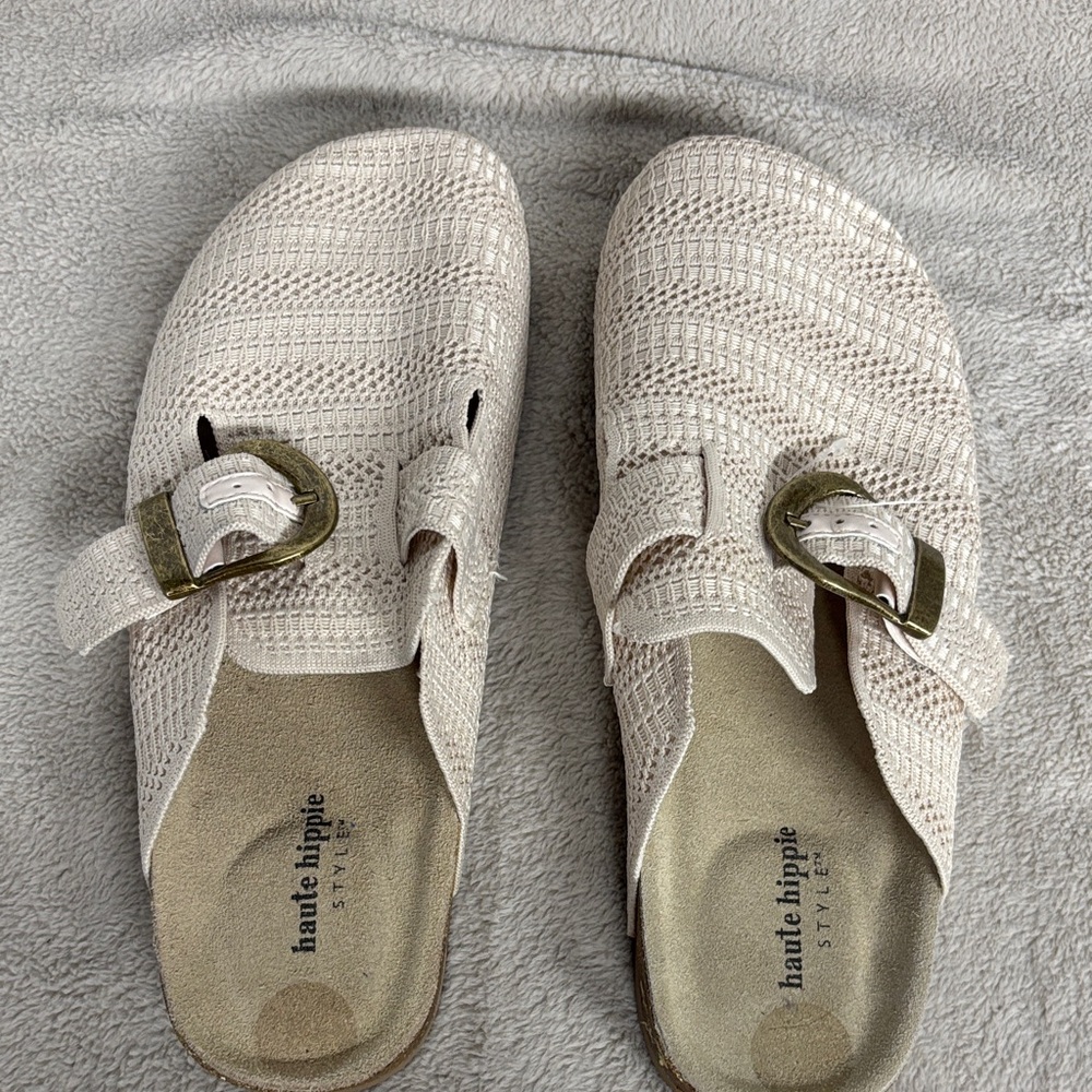 Haute Hippie Textured Cream Mules with Buckle